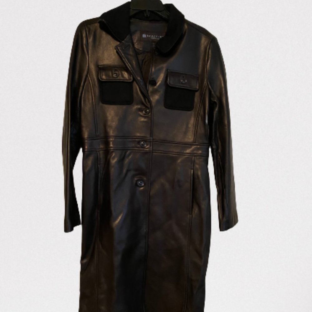 Black Two-Tone Leather and Wool Leather Trench Coat
